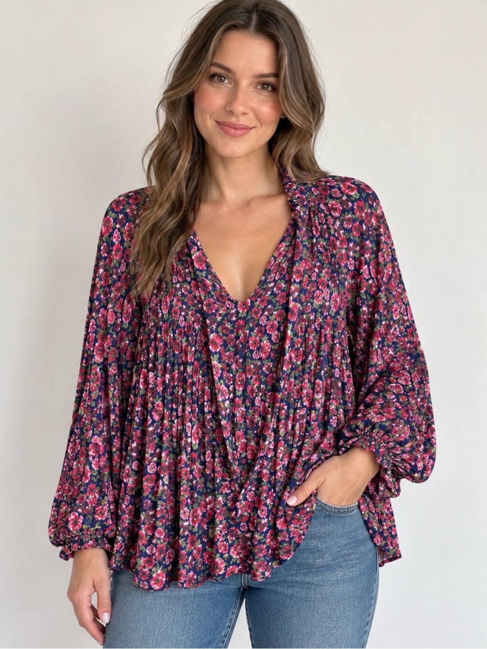 Lauren Ralph Lauren XL Floral Pleated Tie Neck Blouse black Pink Long Sleeve